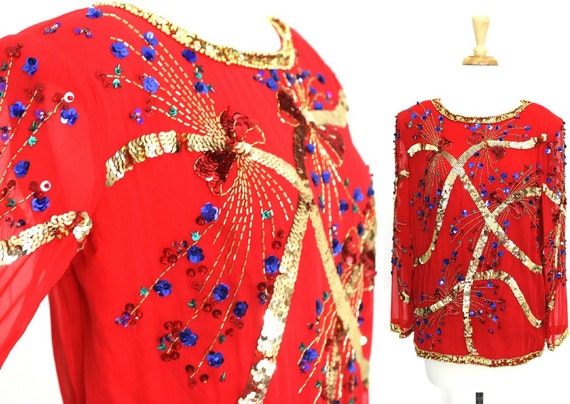 Sequin Blouse Red Silk 80s Vintage