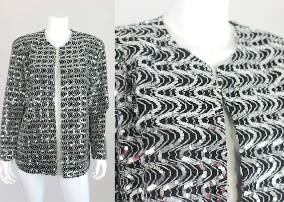 Vintage Sequin Jacket Blazer Black Silver Oversiz… - image 1