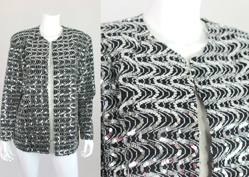 Vintage Sequin Jacket Blazer Black Silver Oversized Large Formal image 1