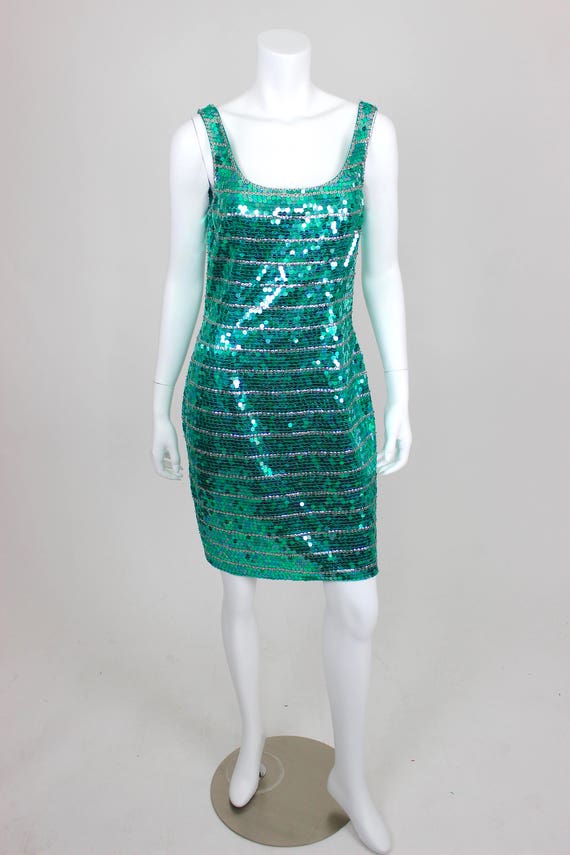 Vintage Sequin Dress Green Silver Size 12 Cocktai… - image 2