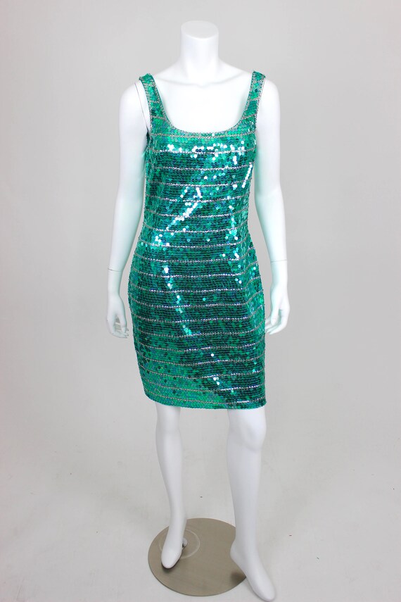 Vintage Sequin Dress Green Silver Size 12 Cocktail Short Sleeveless Party Siteline Vintage Sequin Dress Green Silver Size 12 Cocktail Short Sleeveless Party Siteline