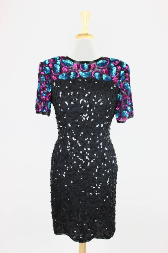 VTG Sequin Dress Colorful Stenay Fitted Black Siz… - image 2