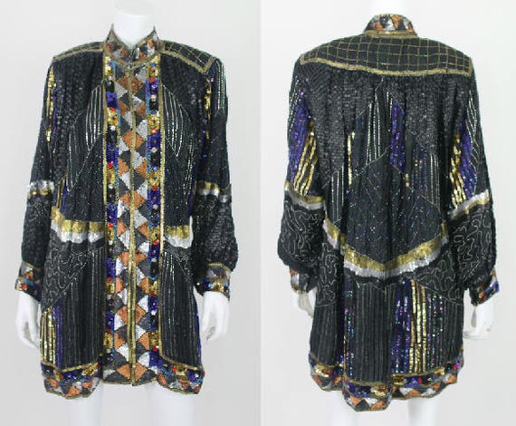 Vintage Sequin Kimono Dress Long Jacket Beaded Si… - image 1