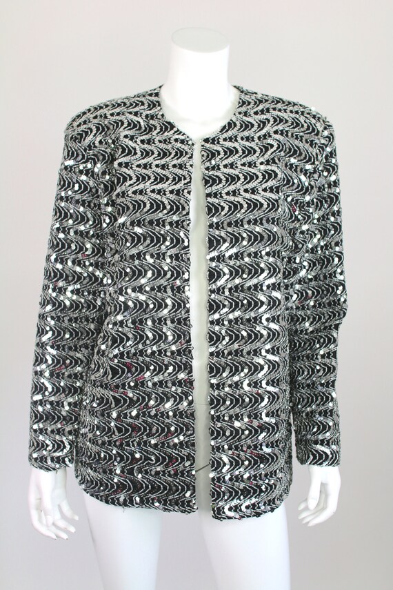 Vintage Sequin Jacket Blazer Black Silver Oversiz… - image 2