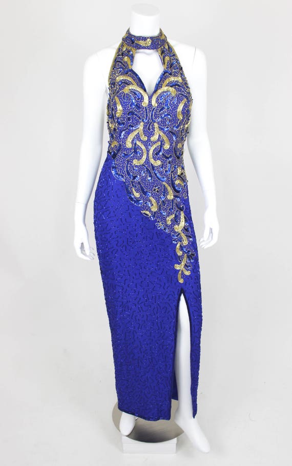 Vintage Sequin Dress Blue Gold Halter Backless Split Small 80s Prom Gown