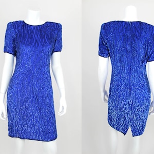 Vintage Sequin Dress Blue Size 10 Medium Fitted Short Cocktail Party Evening Gown Beaded Stenay