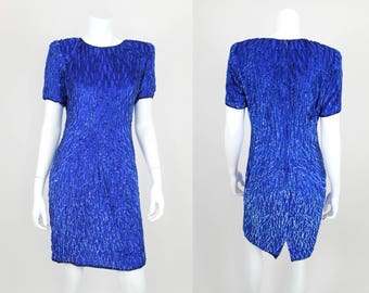 Vintage Sequin Dress Blue Size 10 Medium Fitted Short Cocktail Party Evening Gown Beaded Stenay