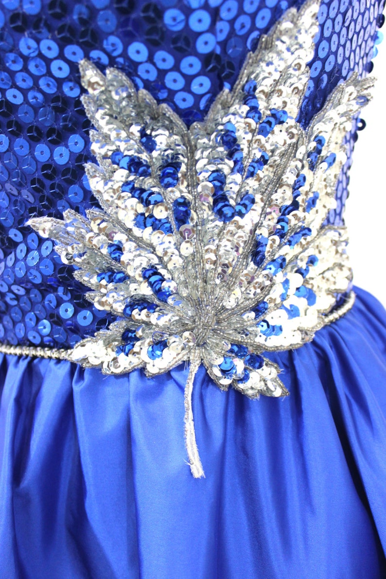 Vintage Sequin Dress Blue Ball Gown Formal Strapless Silver Prom Pageant Small image 4