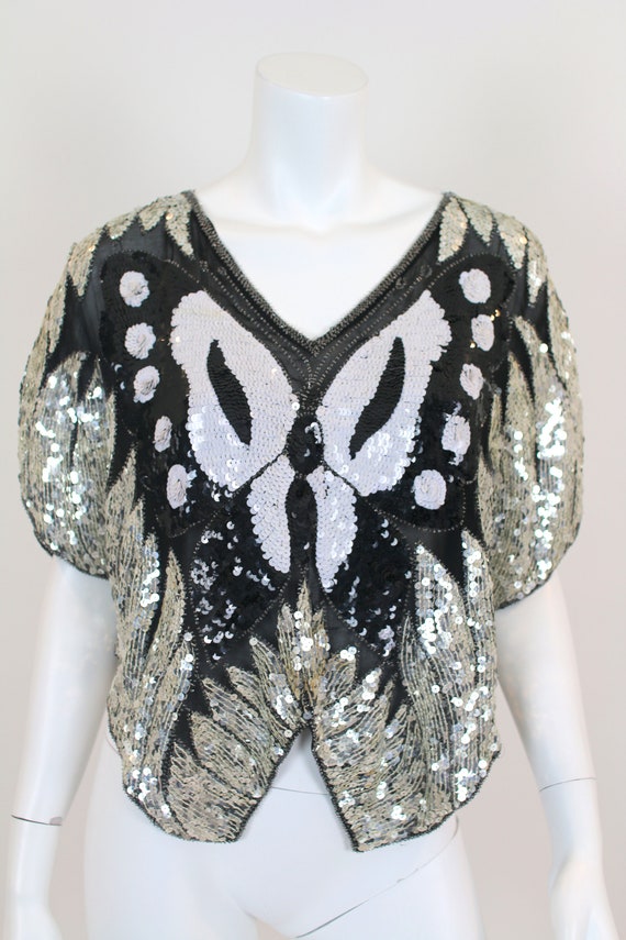 Sequin Butterfly Top Batwing Silver Black - image 2