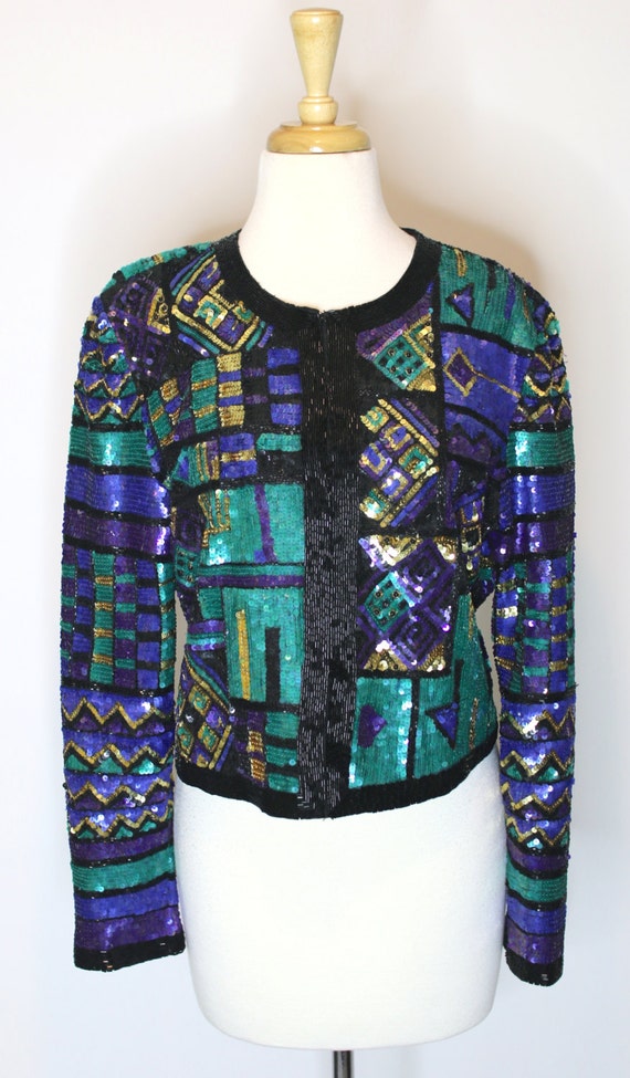 Sequined Jacket / Heavily Beaded Crop Blazer / Az… - image 2