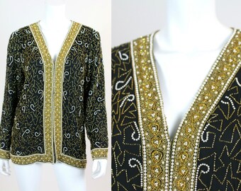 Vintage Sequined Jacket Large Gold Black Beaded Pearl Silk