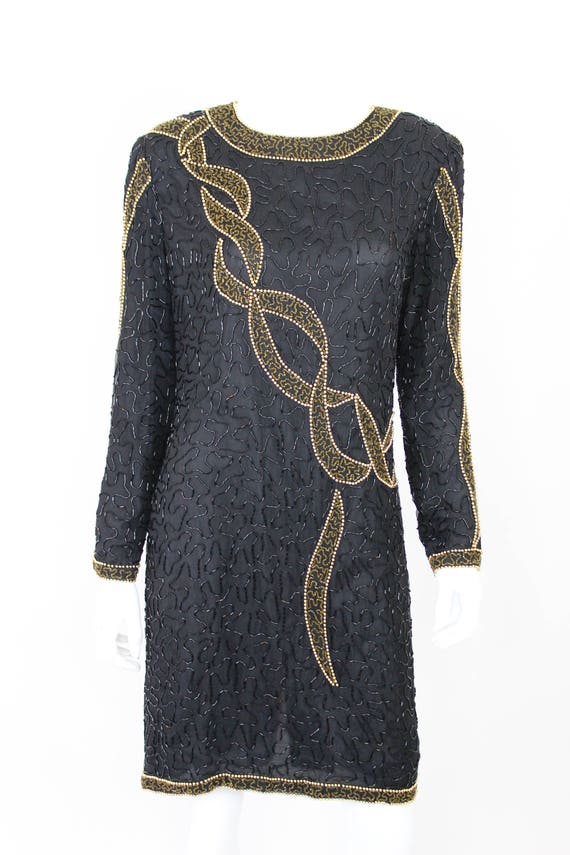 Vintage Sequin Dress Black Gold Long Sleeve Size … - image 2