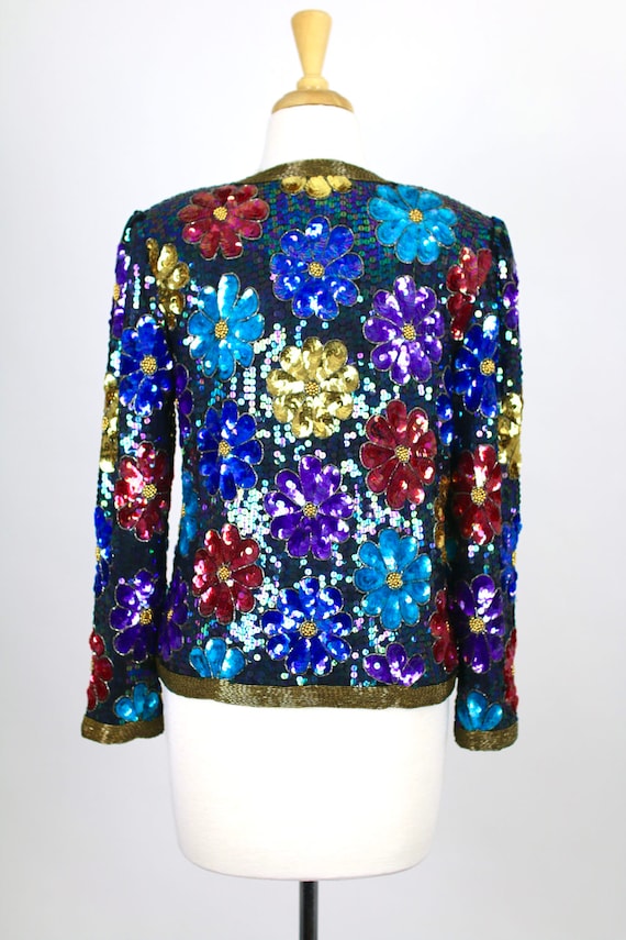 Vintage Sequin Jacket Floral Blue Colorful Retro - image 5