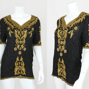 Vintage Sequin Blouse Black Gold Size 6 Small Beaded Shirt Top