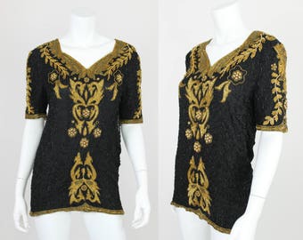 Vintage Sequin Blouse Black Gold Size 6 Small Beaded Shirt Top