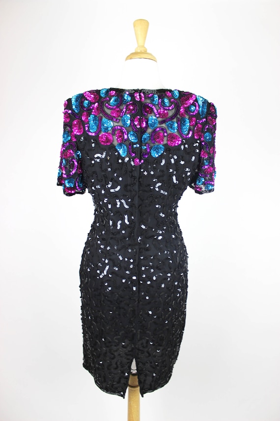 VTG Sequin Dress Colorful Stenay Fitted Black Siz… - image 5