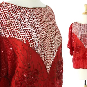 Vintage Sequin Blouse Red Silver NWT Deadstock