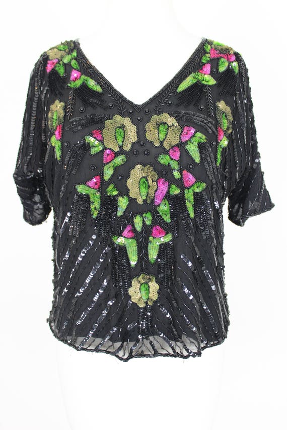 Vintage Sequin Blouse Top Floral Medium - image 2