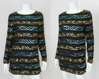 Sequin Blouse Tunic Vintage Colorful Gold Blue Green Long Sleeve Small Papell Silk Formal Evening Top Shirt