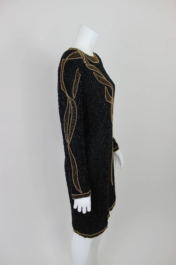 Vintage Sequin Dress Black Gold Long Sleeve Size … - image 8