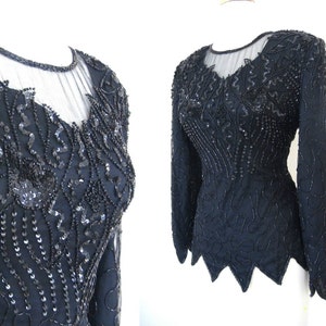 Vintage Sequin Blouse Black Long Sleeve Laurence Kazar Sheer Size Small