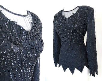 Vintage Sequin Blouse Black Long Sleeve Laurence Kazar Sheer Size Small