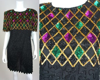 Vintage Sequin Dress Plus Size XL Gold Black Green Purple