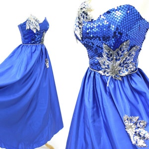 Vintage Sequin Dress Blue Ball Gown Formal Strapless Silver Prom Pageant Small image 1