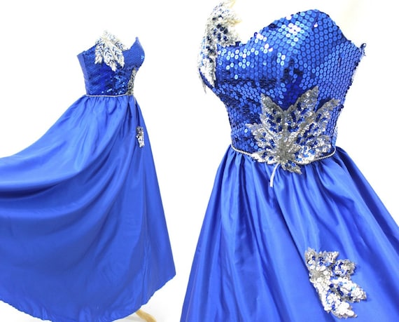 Vintage Sequin Dress Blue Ball Gown Formal Strapl… - image 1