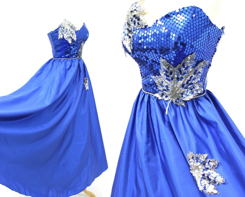 Vintage Sequin Dress Blue Ball Gown Formal Strapless Silver Prom Pageant Small image 1