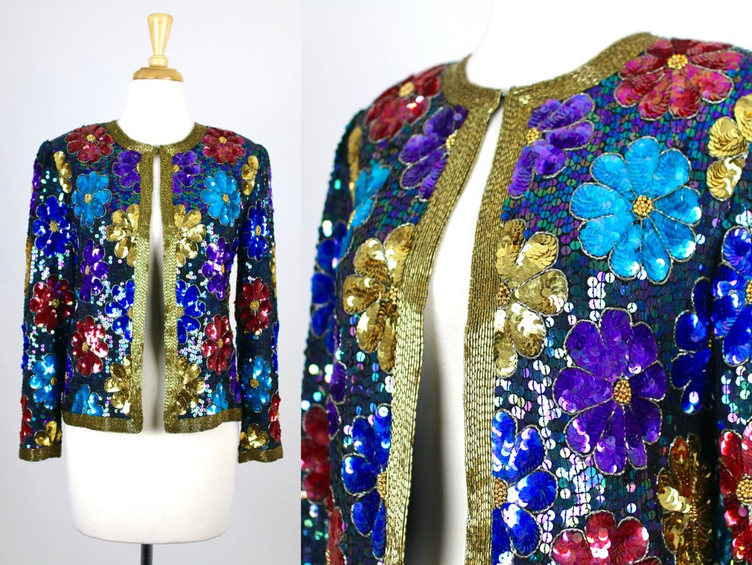 Vintage Sequin Jacket Floral Blue Colorful Retro - Etsy