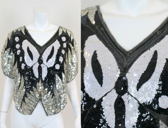 Sequin Butterfly Top Batwing Silver Black - image 1