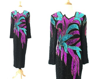 Sequin Dress Abstract Beaded Gown / Black Long Sleeved Turquoise Pink US Size 12