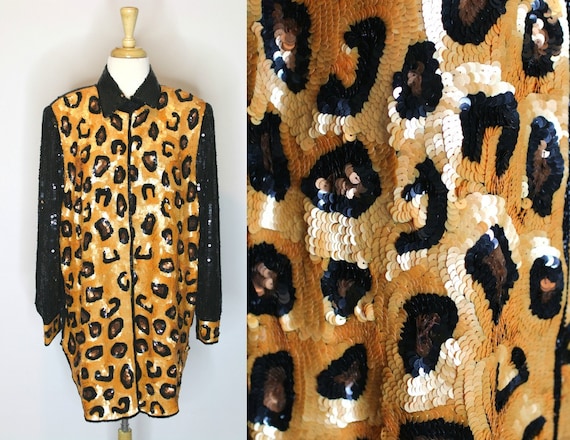 RARE Leopard Sequined Blouse / Long Sequined Shir… - image 2