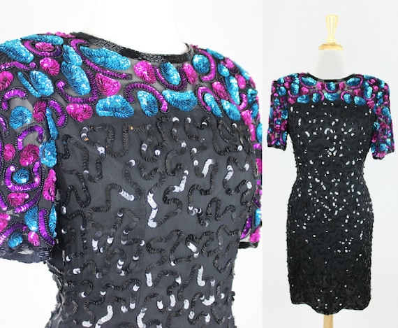 VTG Sequin Dress Colorful Stenay Fitted Black Siz… - image 1