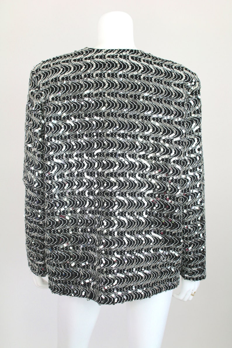 Vintage Sequin Jacket Blazer Black Silver Oversized Large Formal image 6