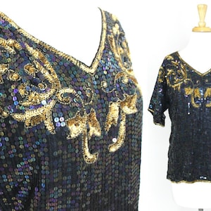 Sequin Top Vintage Silk NWT Headstock Iridescent Short Sleeve