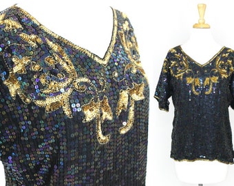 Top de lantejoulas vintage seda NWT cabeçote iridescente manga curta