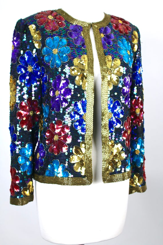 Vintage Sequin Jacket Floral Blue Colorful Retro - image 3