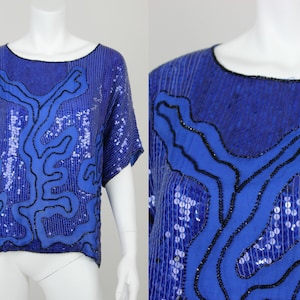 Vintage Sequin Blouse Blue Joseph Le Bon Size Medium Silk
