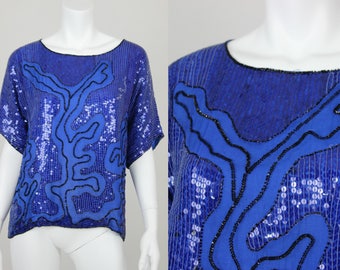 Vintage Sequin Blouse Blue Joseph Le Bon Size Medium Silk