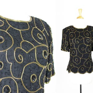 VTG Sequin Blouse Black Gold Vintage Swirl