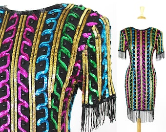 Fringe Sequin Dress Colorful Vintage Bright Beaded Flapper Cocktail Party