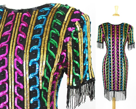 rainbow sequin fringe dress Sample Rainbow Multi Pattern Sequin Fringe Dress  Queen of Sparkles
