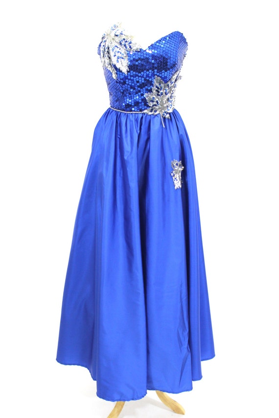 Vintage Sequin Dress Blue Ball Gown Formal Strapl… - image 2