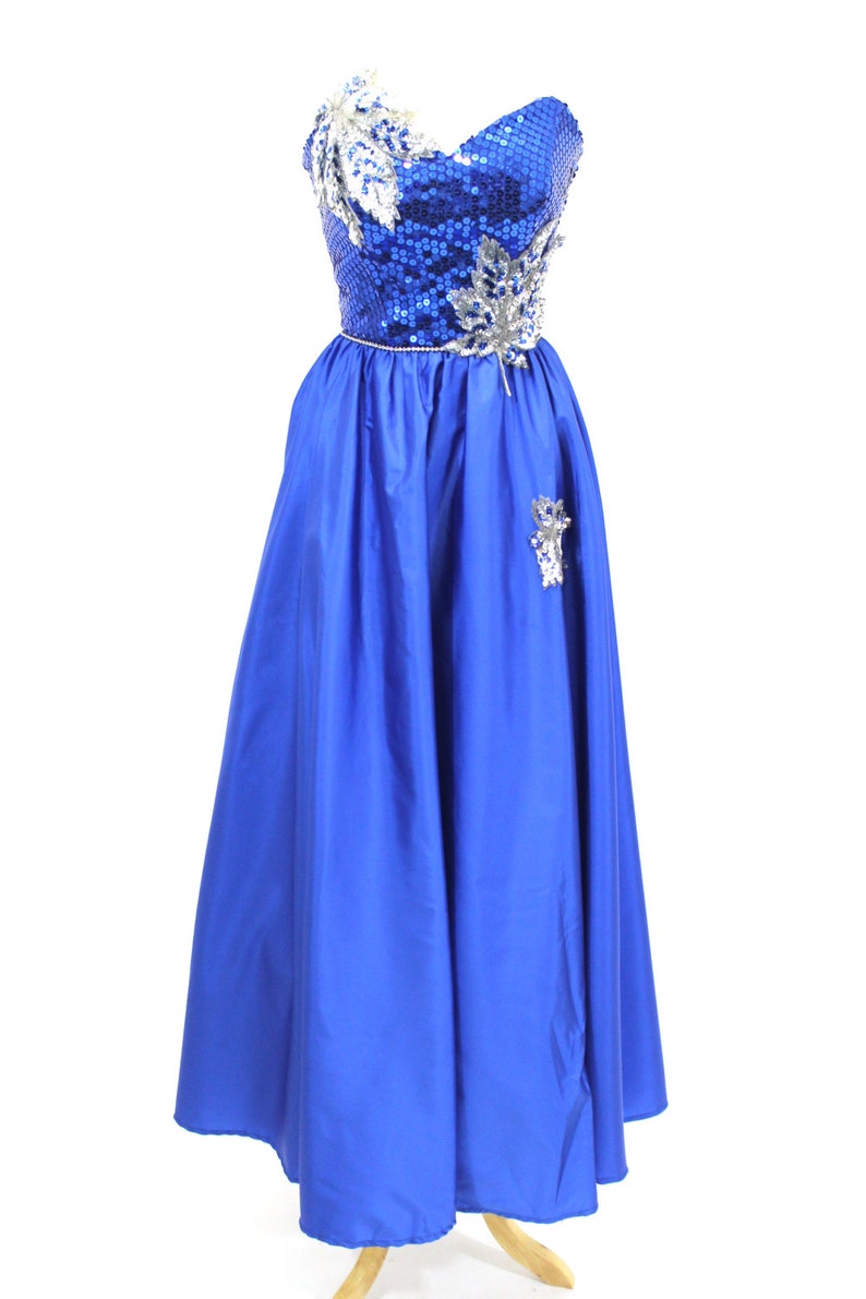 Vintage Sequin Dress Blue Ball Gown Formal Strapless Silver Prom Pageant Small image 2