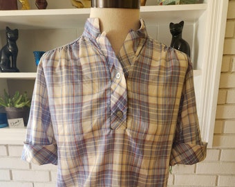 Vintage Short Sleeve Plaid Blouse