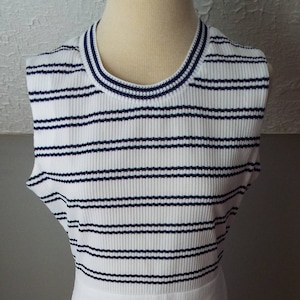 Vintage Sleeveless White Dress with Blue Stripes