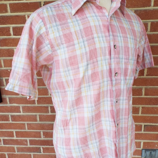 Vintage Short Sleeve Pink Plaid Button Down Shirt by Lord Kingsbury