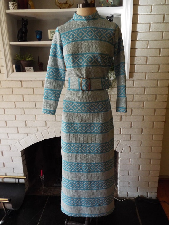 Vintage Long Sleeve Silver and Blue Dress